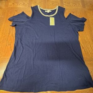 Michael Kors Navy Blue Cold-Shoulder Blouse With Gold Trim Neckline Sz 2X